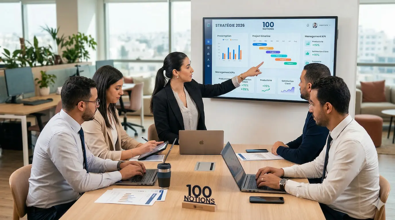 Équipe de direction en réunion stratégique de management numérique en France pour l'année 2026.